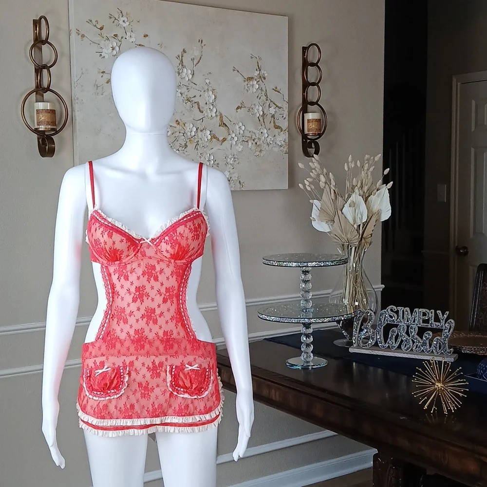 Victoria's Secret Super Sexy Floral Lace Apron Lingerie Mini Dress Size 34B
